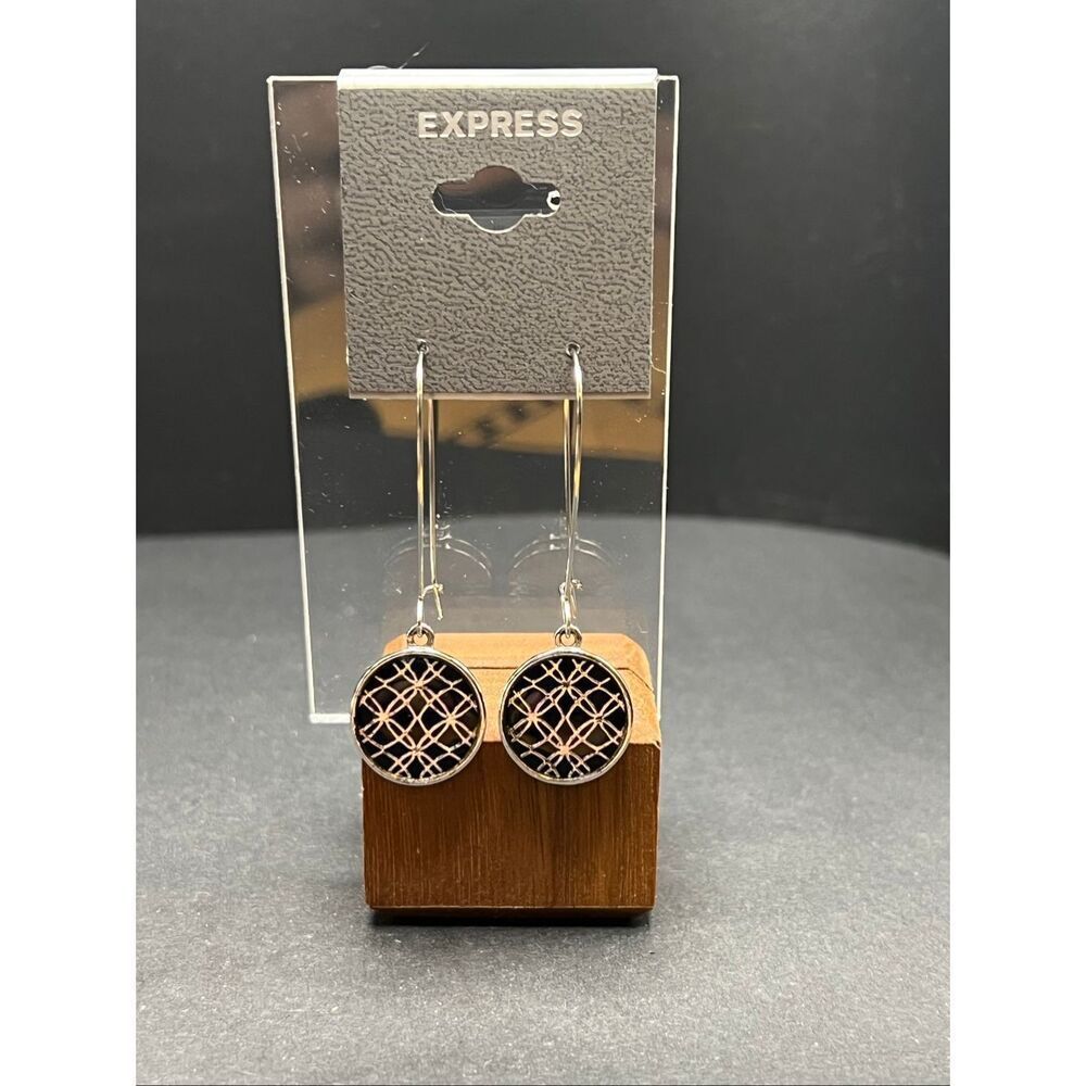 Express Silver Tone Black Circular Lattice Pattern Elongated Drop Wire Earrings